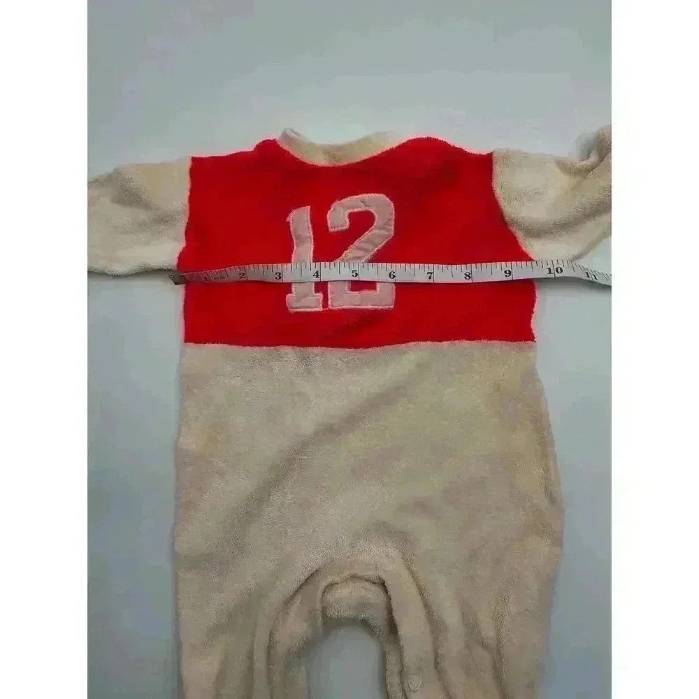 Vintage Boys Creevy Creations 12 White and Red One Piece Sleeper Football Outfit